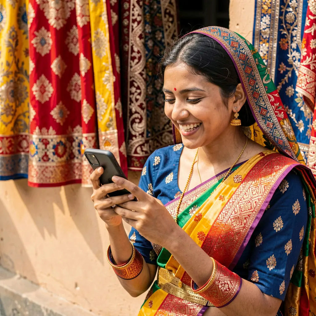 Happy Bangladeshi woman smiling while using the 788BD mobile app on her smartphone surrounded by colorful traditional decor