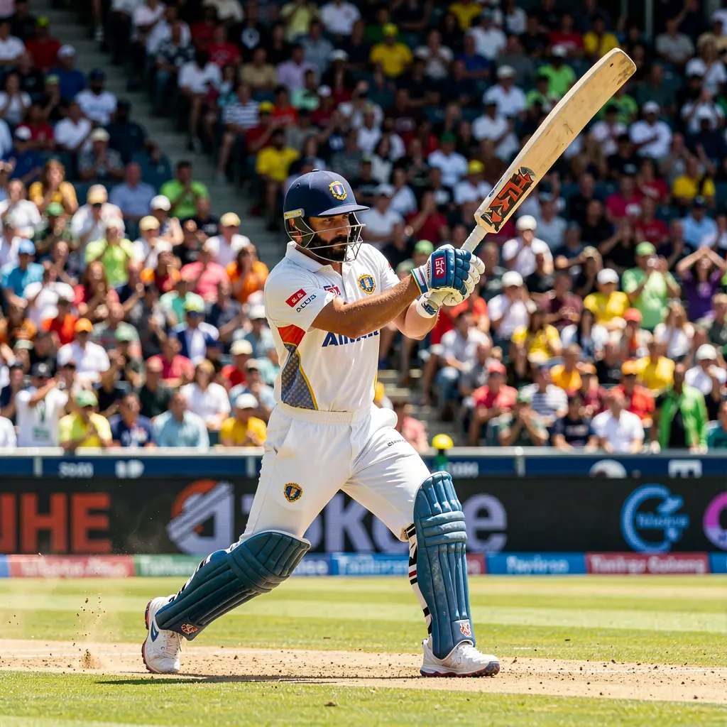 Intense cricket moment with a batsman playing a powerful shot in a packed stadium symbolizing high stakes betting action with 788BD