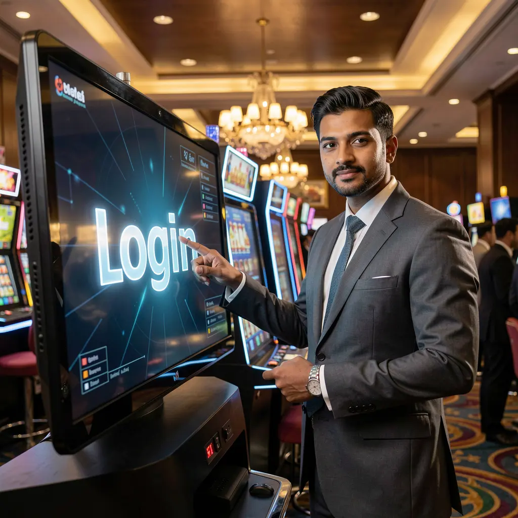 Confident Bangladeshi casino expert pointing at a glowing login screen inside a modern casino environment at 788BD